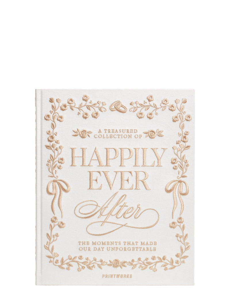Cloth covered hardback photo album titled 'A Treasured collection of Happily Ever After' and subtitled 'The Moments that Made Our Day Unforgettable' with the titles and decorations embroidered with golden thread on an off-white background
