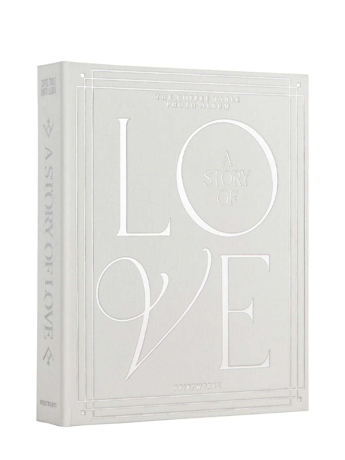 A white off-white photo album with silver foiled text titled 'A Story of Love' on the cover, designed for holding wedding photos.