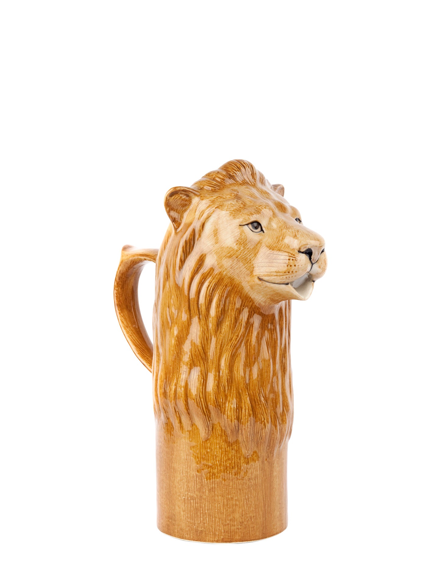 Lion-shaped ceramic pitcher on a white background