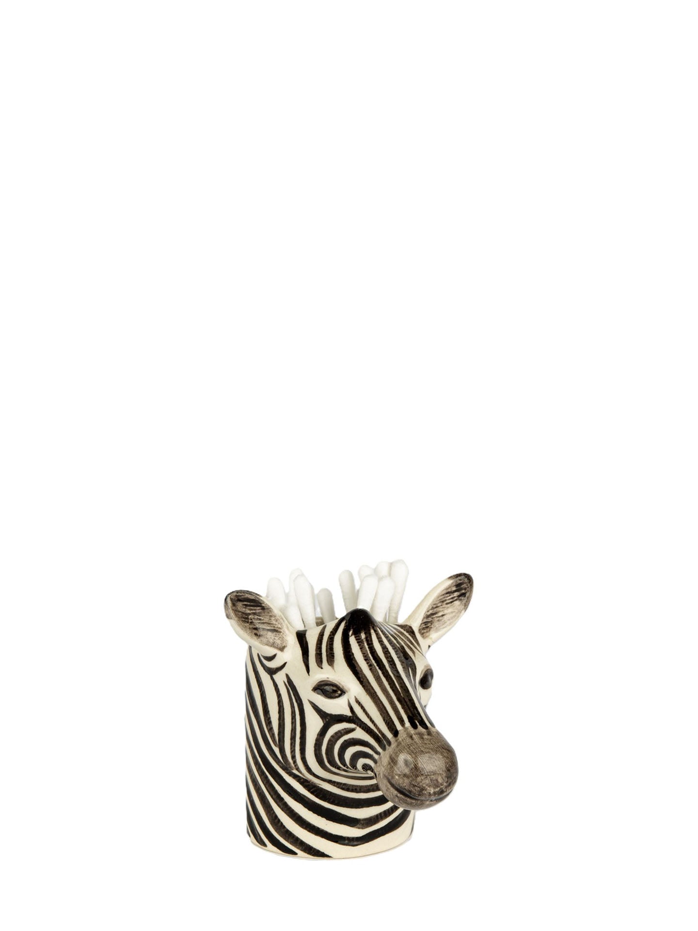 A zebra-patterned pen holder or candle holder with a sculpted zebra head filled with cotton swabs, shown on a plain white background.