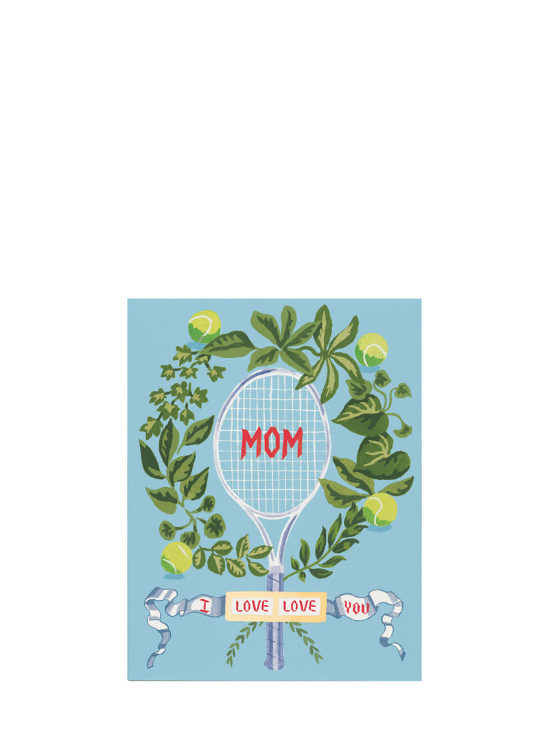 Card with a tennis racket, leaves, and 'Mom' text on a blue background