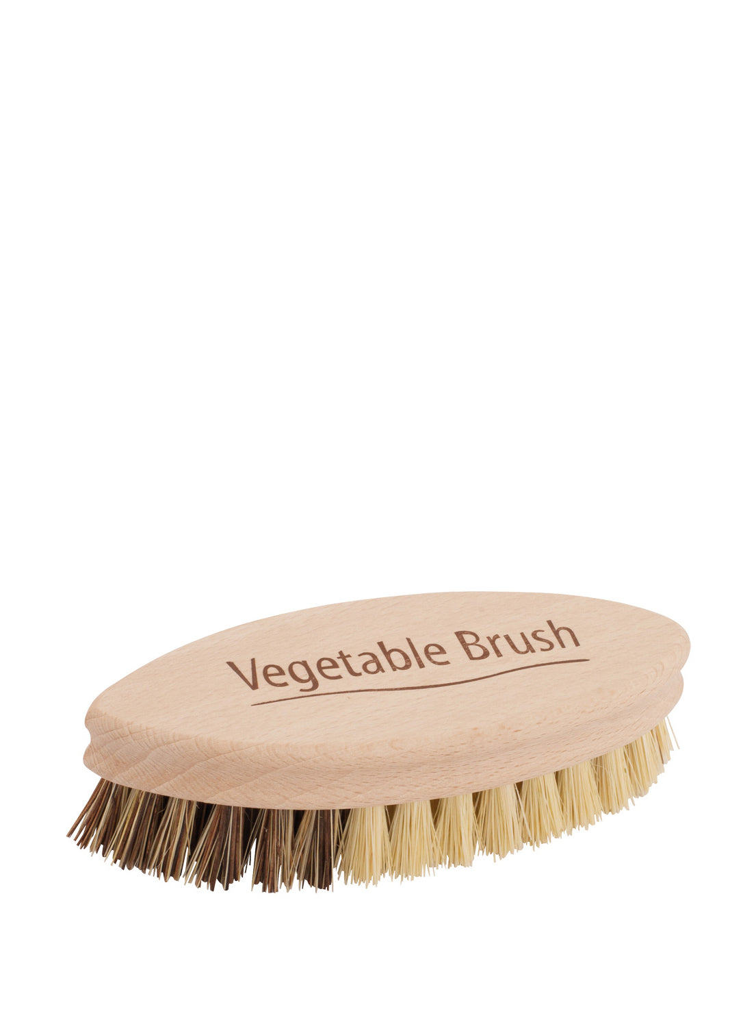 A wooden vegetable brush with bristles, labeled 'Vegetable Brush' on the wooden surface.