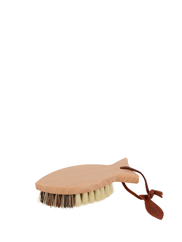 Fish-shaped vegetable brush with leather strap
