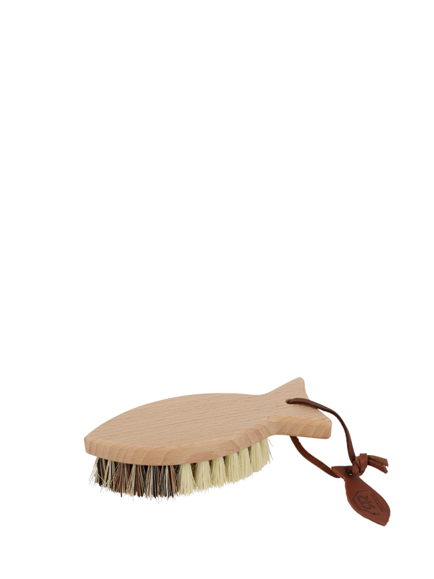 Fish-shaped vegetable brush with leather strap