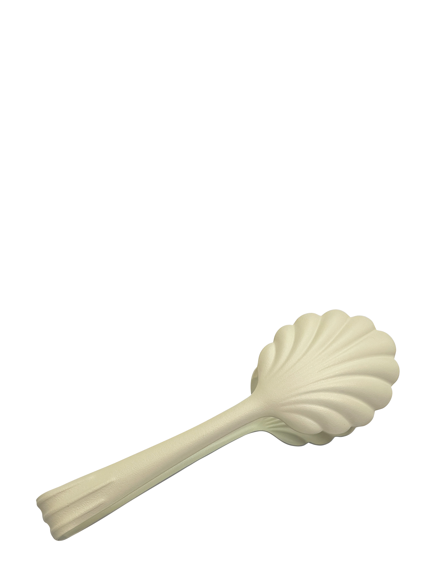 Matte, rich creamy white salad tongs shaped like a sea shell.