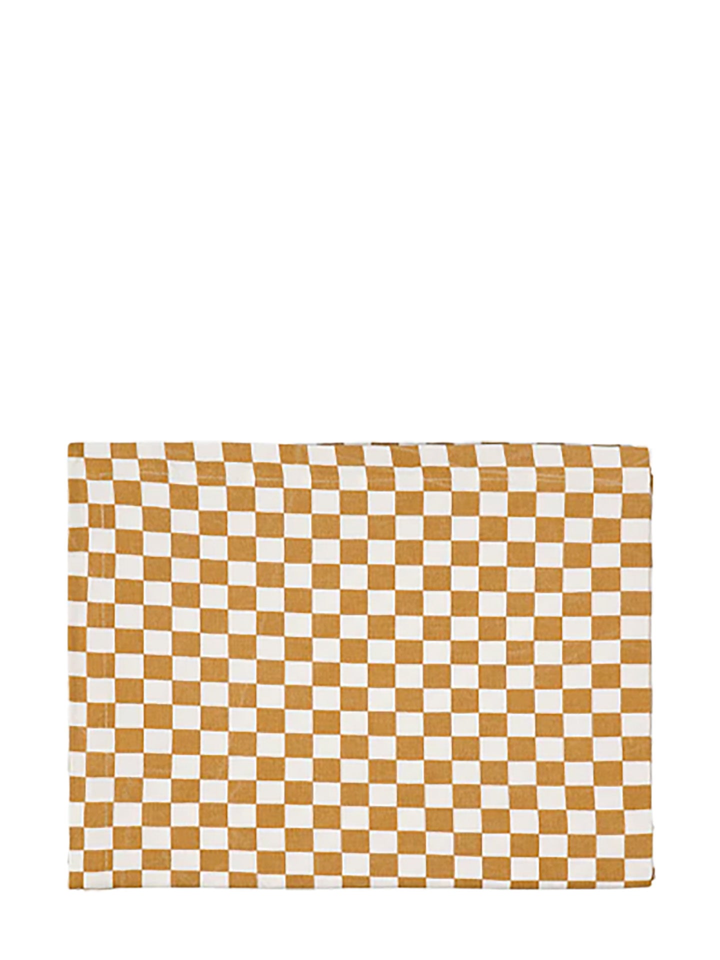 Checkered table cloth with mustard and white pattern on a white background