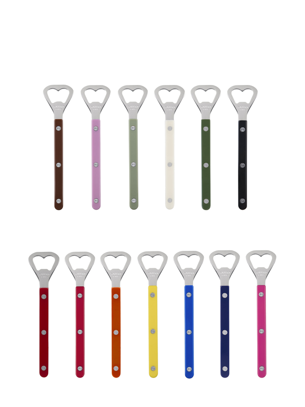 A collection of bottle openers from the Bistrot series, featuring a variety of colors including pink, orange, blue, black, green, and yellow. Each opener has a stainless steel body and an acrylic handle.