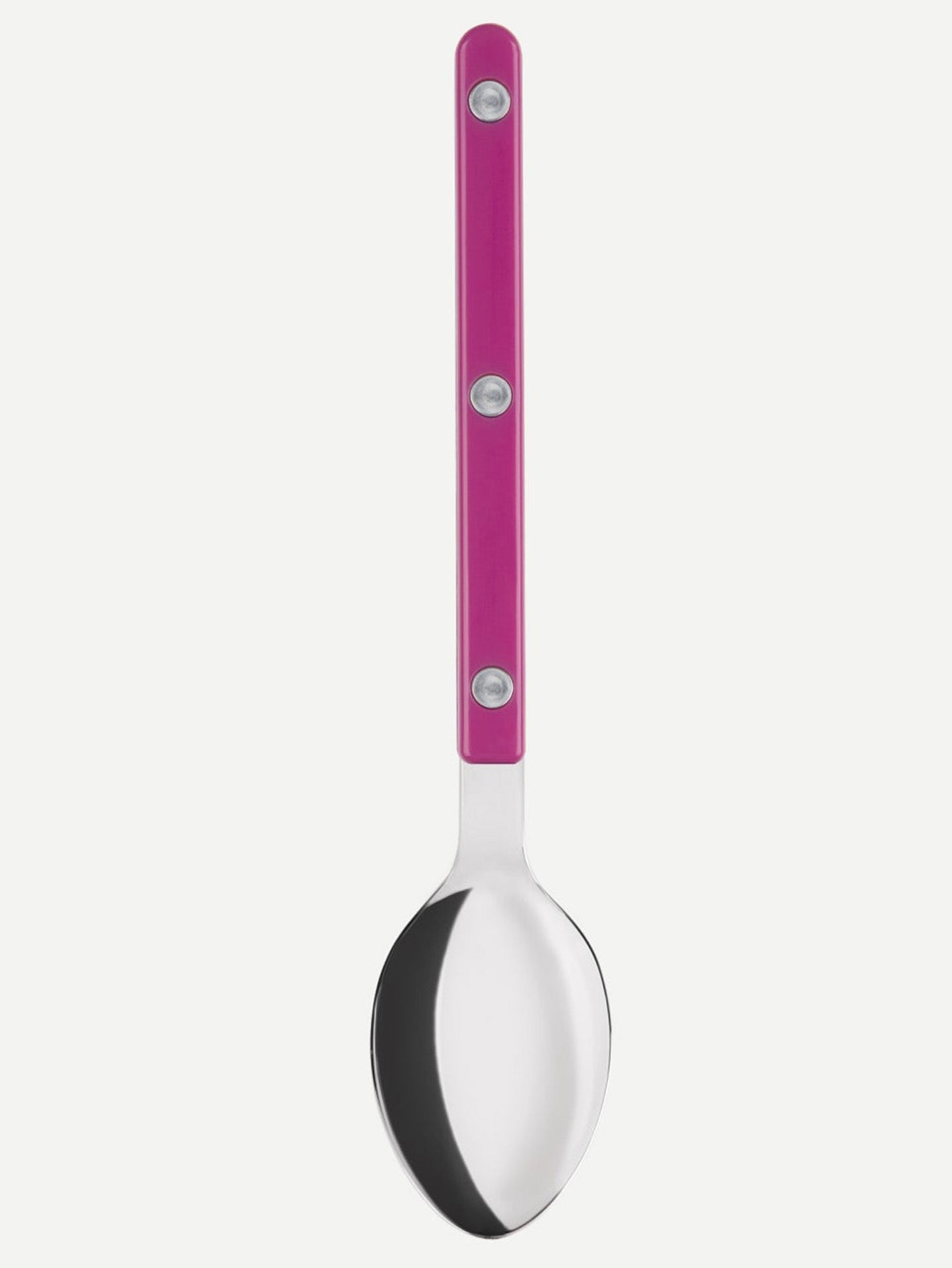 This cute dessert spoon from the Bistrot series by Sabre Paris is made from shiny stainless steel. The spoon is 19 cm, the bright deep pink handle is acrylic with metal rivets. It's easy to clean in the dishwasher!