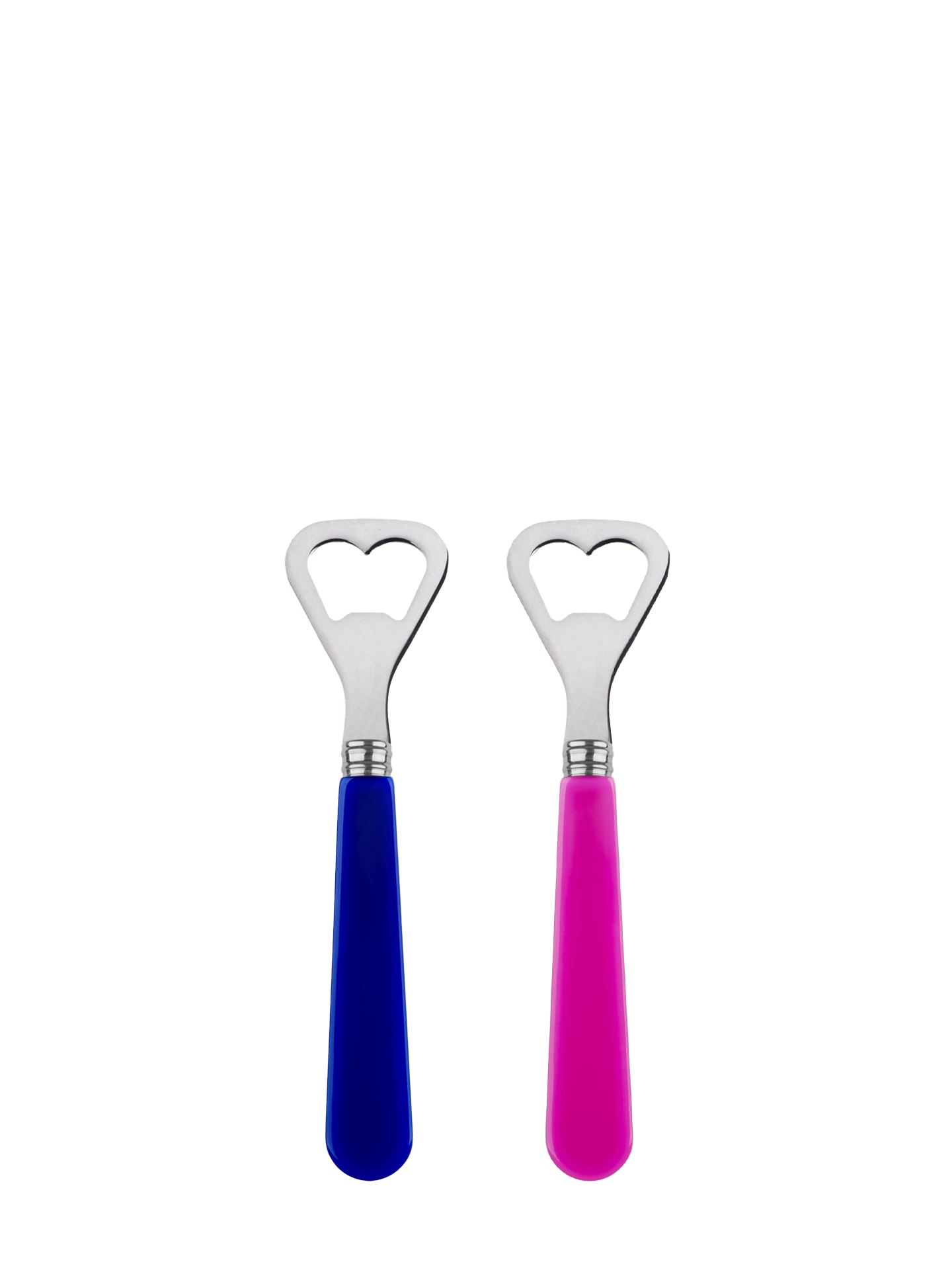 Two bottle openers, one with a pink handle and the other with a blue handle, both with stainless steel bodies, against a white background.