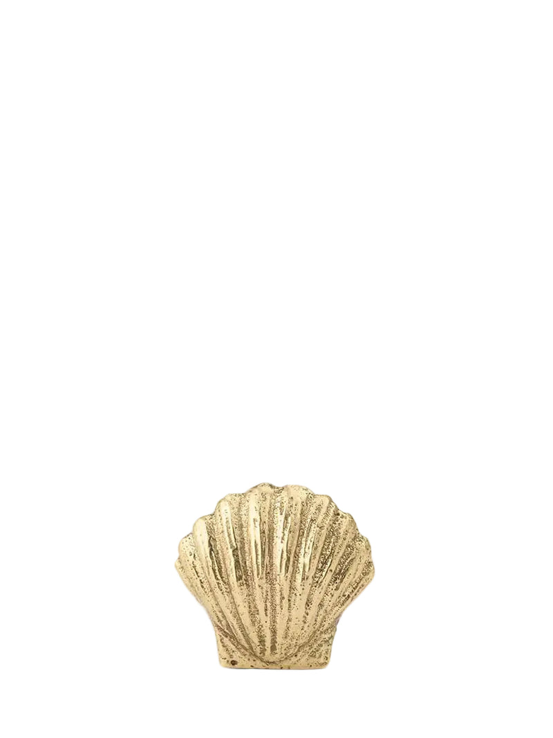 A small shell-shaped decorative object with a textured, metallic gold finish, centered against a solid off-white background.