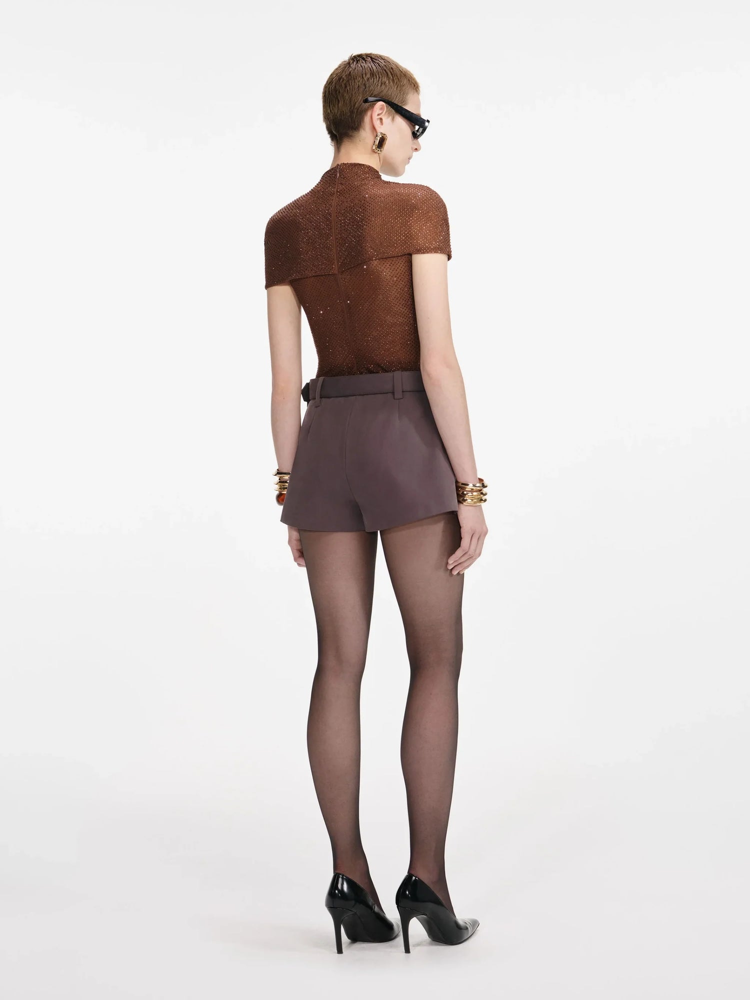 Rhinestone mesh cut out top, brown