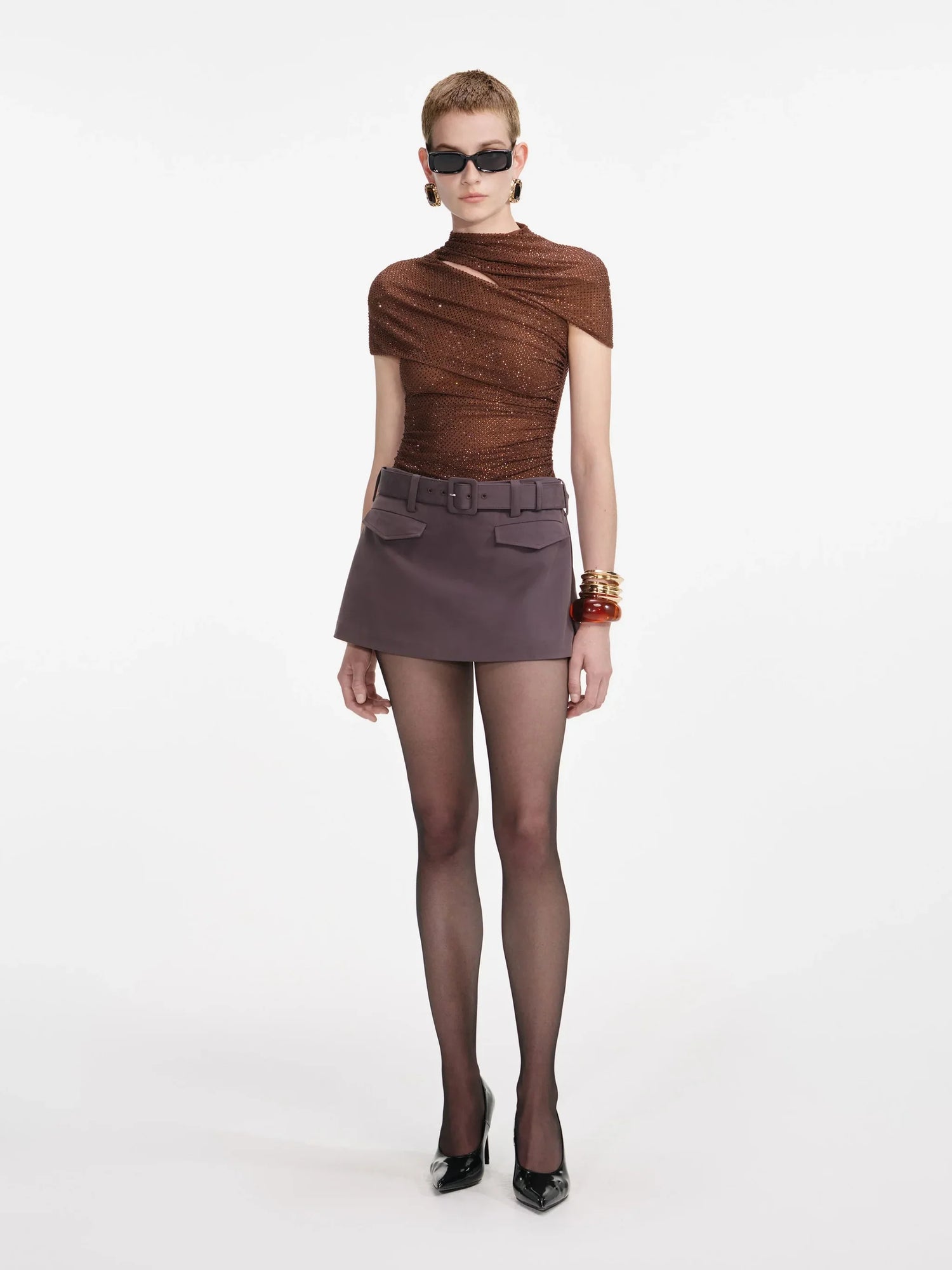 Rhinestone mesh cut out top, brown