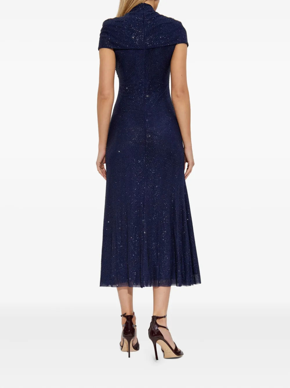 Rhinestone mesh cut out midi dress, navy