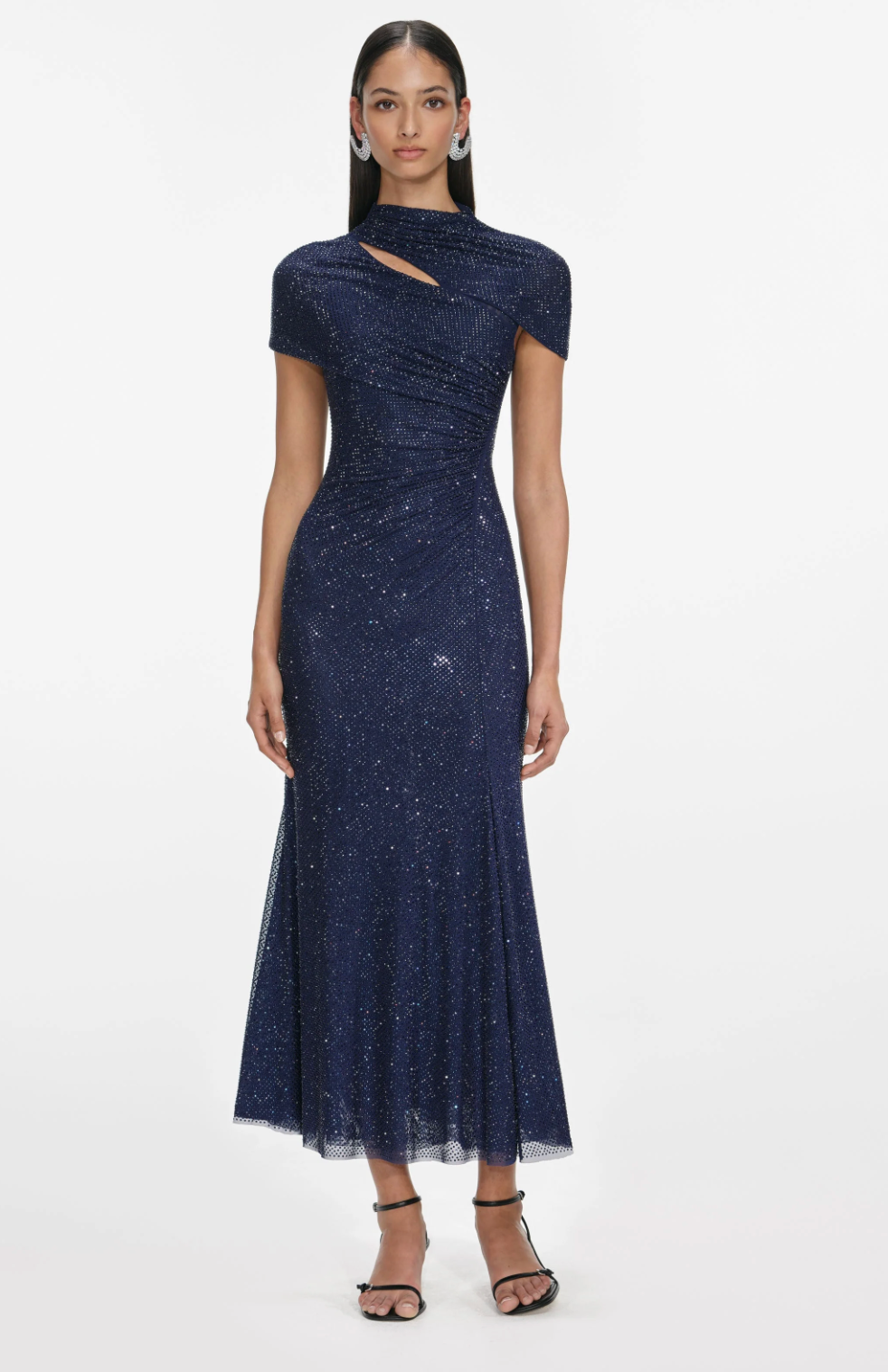 Rhinestone mesh cut out midi dress, navy