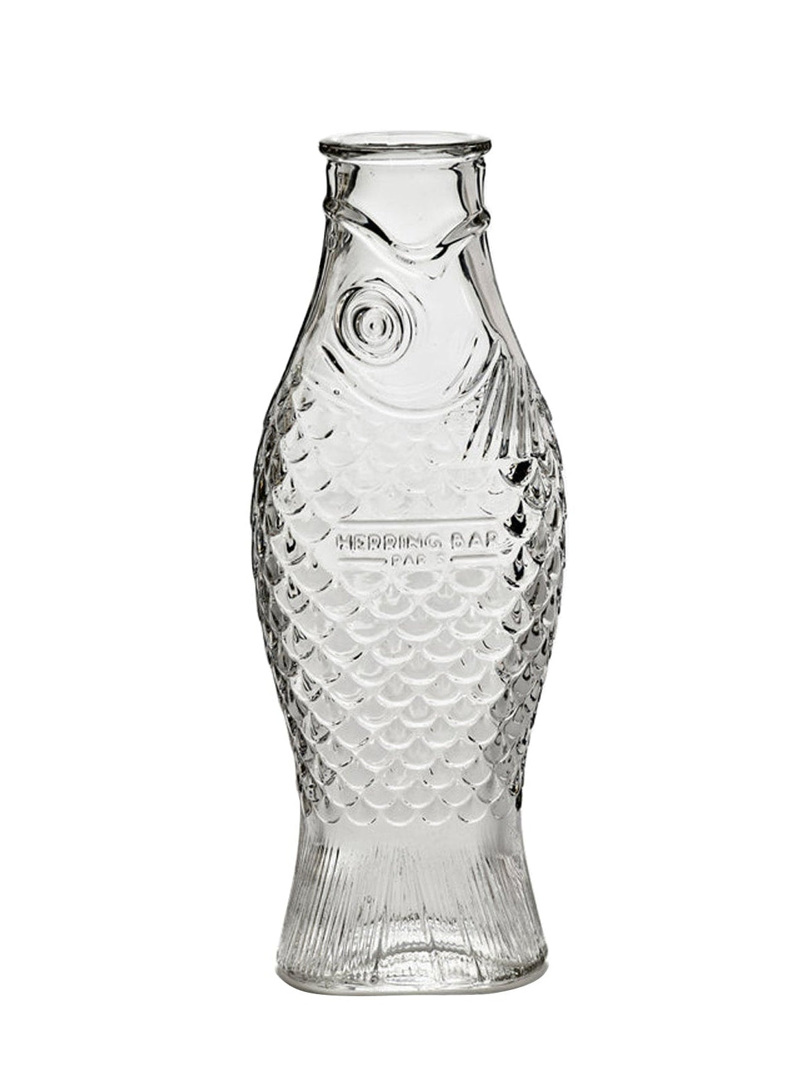 Clear glass fish-shaped bottle on a white background