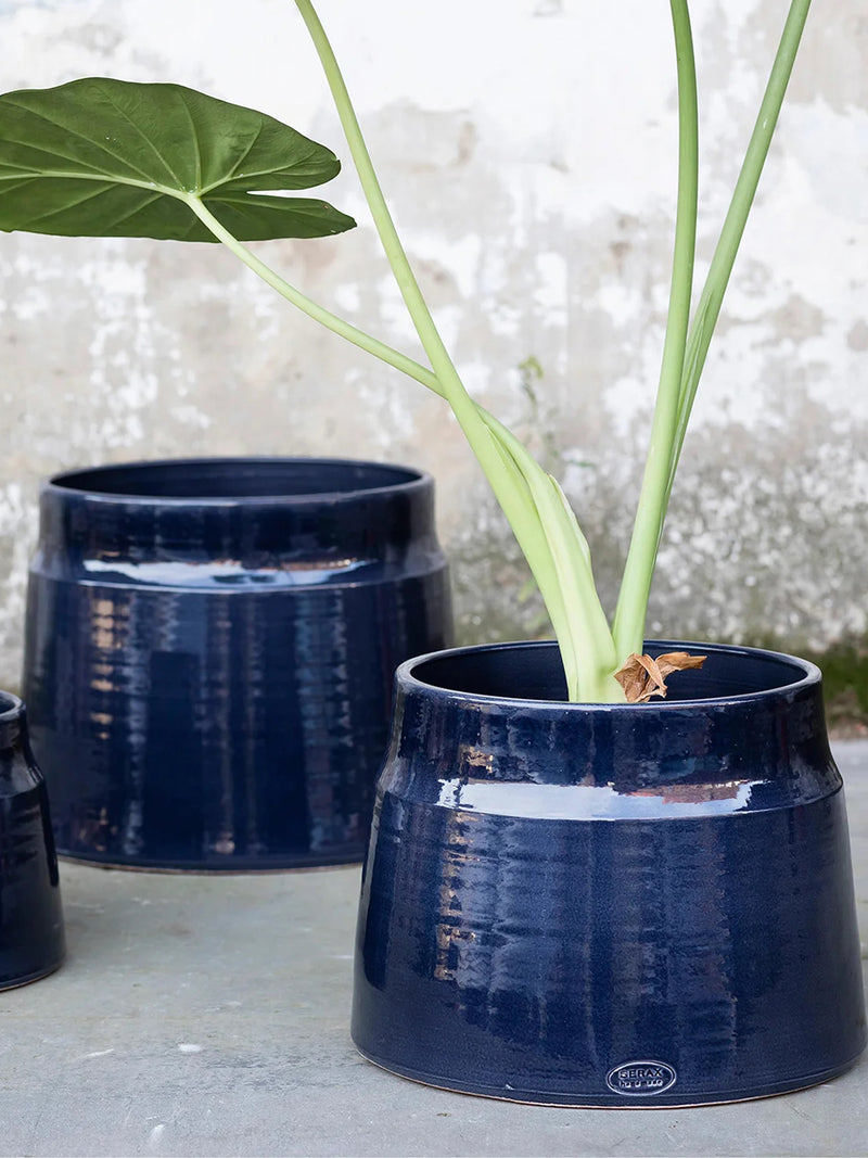 A trio of glossy dark navy blue ceramic planter pots with one holding a green plant, set against a textured light gray wall and concrete floor.