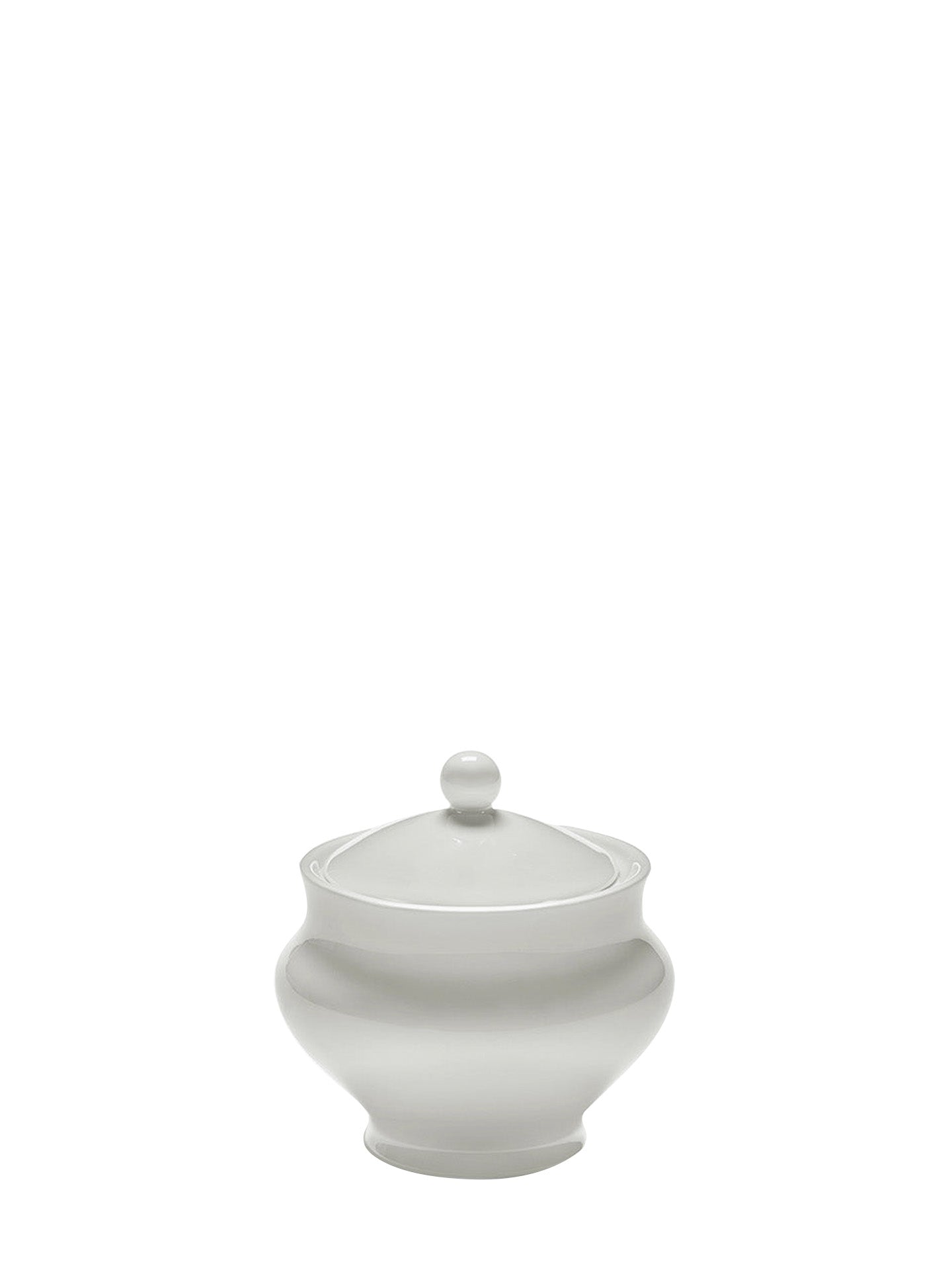 White ceramic sugar bowl with a lid on a white background