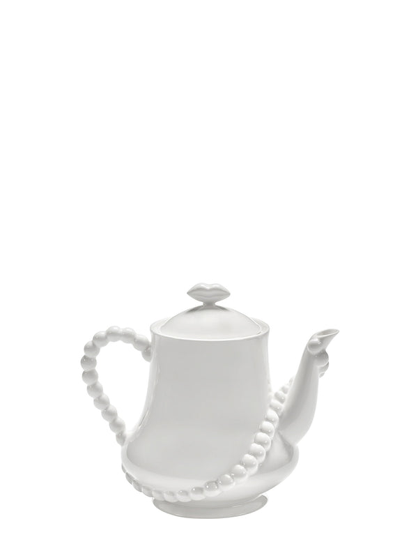 White porcelain teapot with chain of pearls as a handle going around the teapot and ending to the nozzle, and lid with lips as a knob on a white background