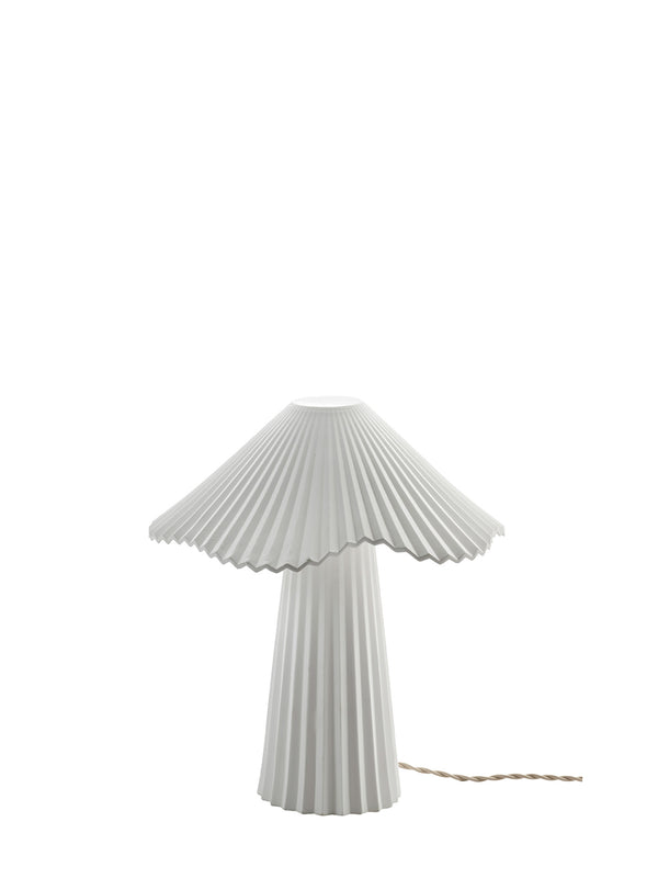 A white pleated contemporary designer table lamp with a conical shade and matching pleated base, shown against a plain white background with its fabric covered power cord visible on the right.