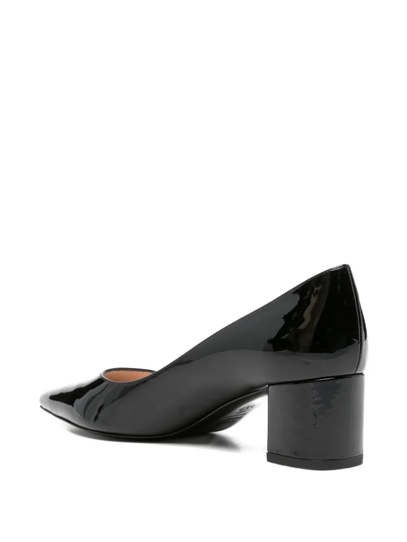 Black patent leather high heel shoe on a white background