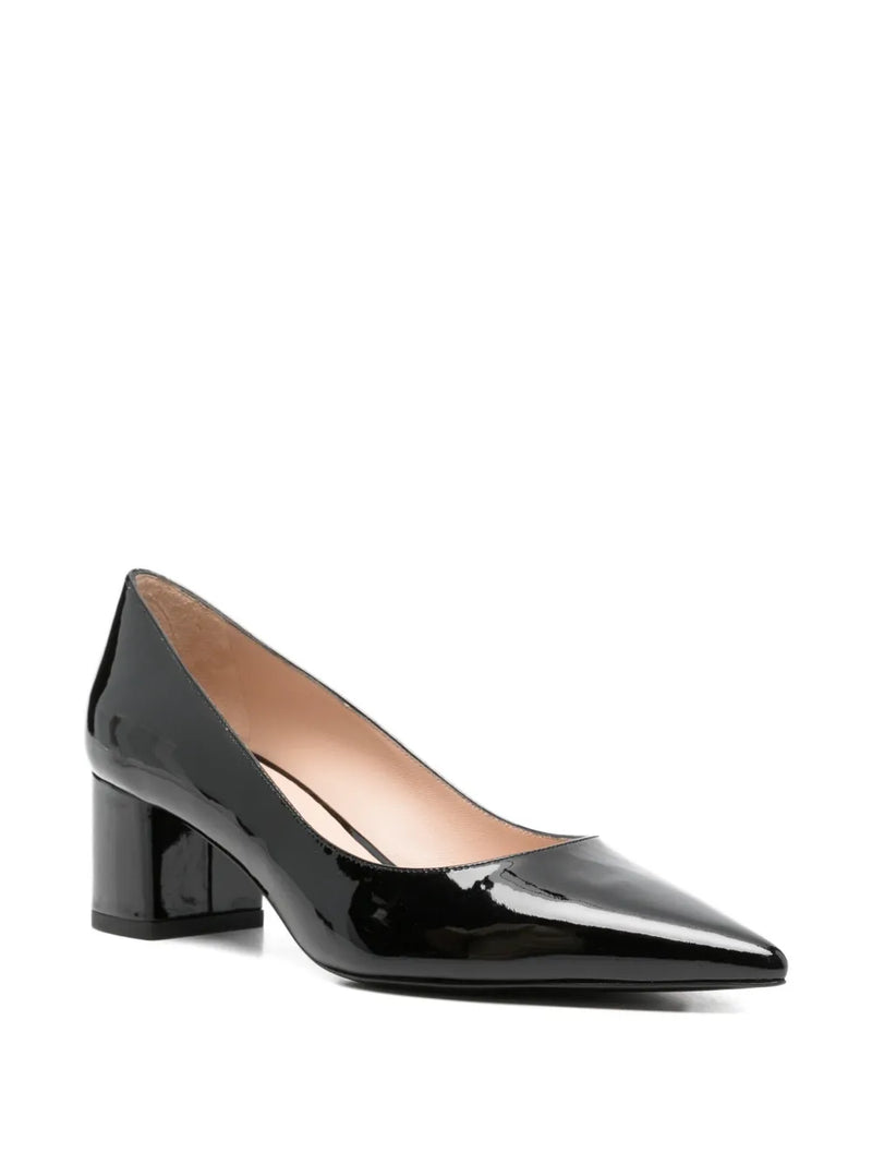 Black patent leather high heel shoe on a white background