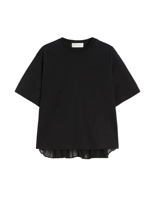 Black t-shirt with sheer black ruffle trim on a white background.