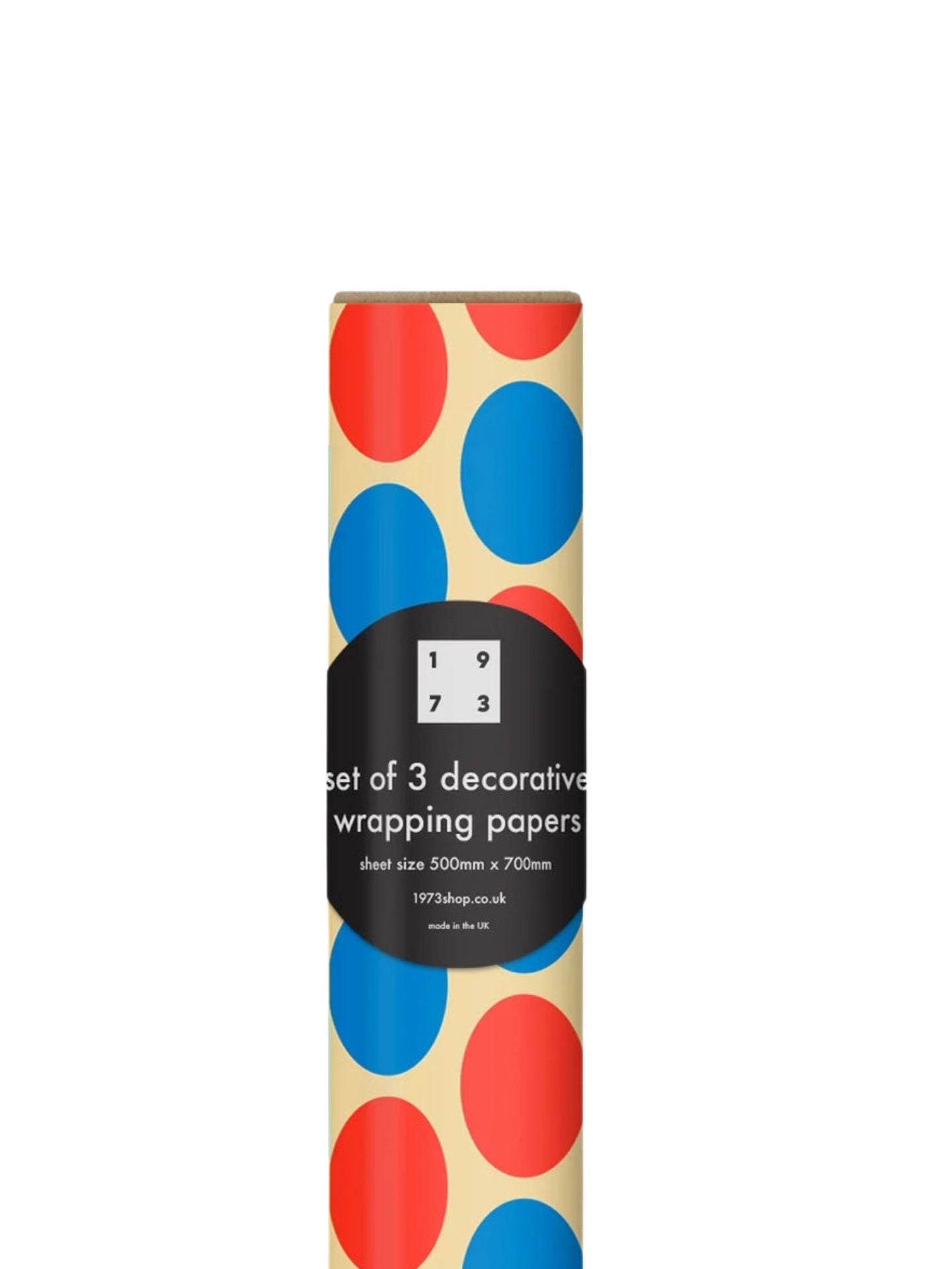 Packaging of a set of three decorative wrapping papers with red and blue polka dots on a beige background.