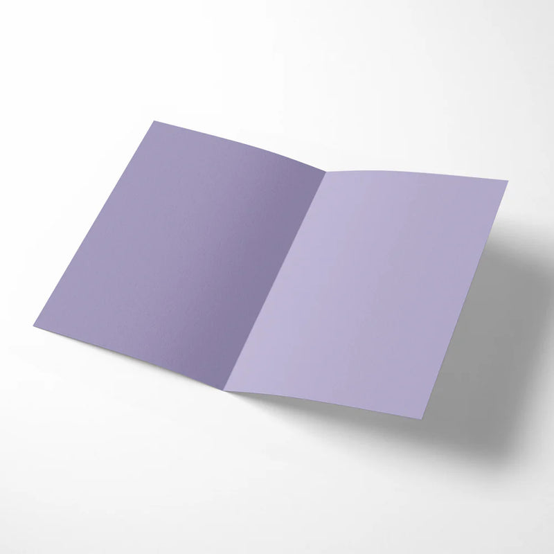 Open purple card on a white background