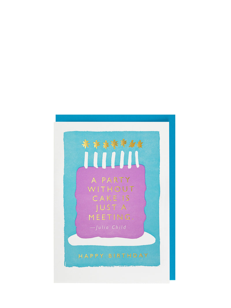 Birthday card with purple cake illustration and humorous quote on a blue background