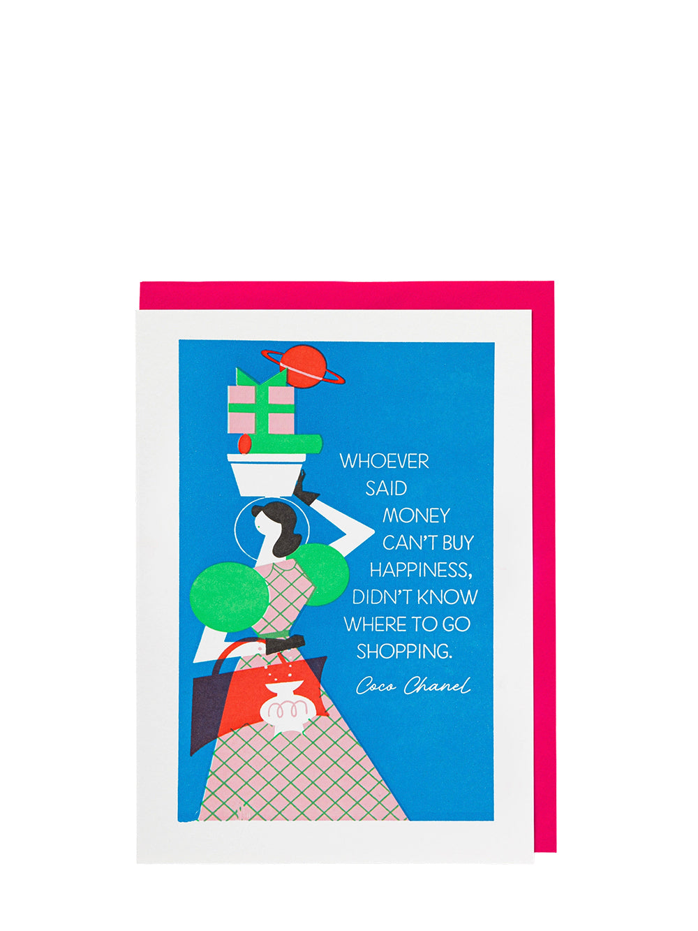 Greeting card with a stylized illustration of a woman shopping and a quote by Coco Chanel on a blue background.