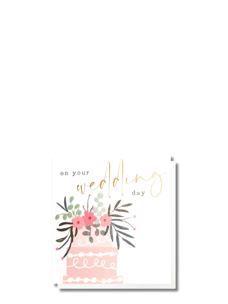 Greeting card with floral design and text 'on your wedding day' on a white background