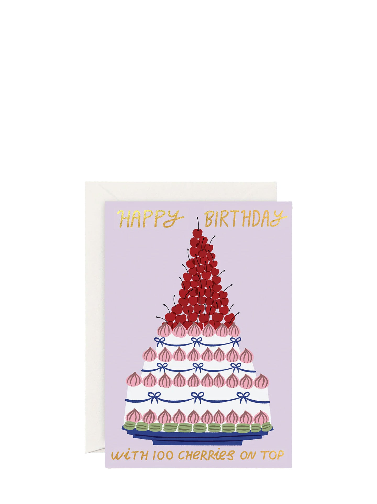A birthday card with a graphic of a layered cake with 'Happy Birthday' text on top and the number '100' with cherries next to it.