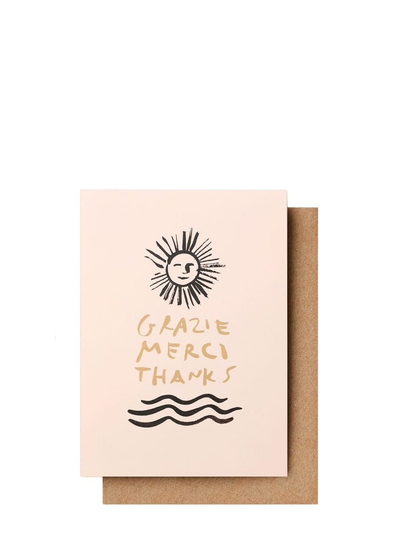 Card with sun and wave design and 'Gracie Merci Thanks' text on a white background