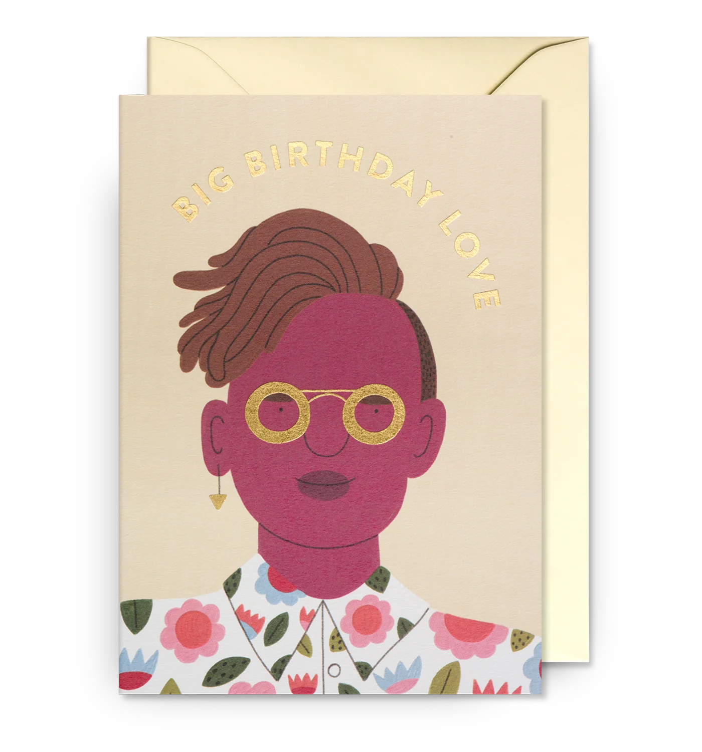 Illustrated birthday card with a female figure wearing glasses and a floral dress, accompanied by the text 'BIG BIRTHDAY LOVE' at the top, against a beige background. A matching envelope is visible to the side.