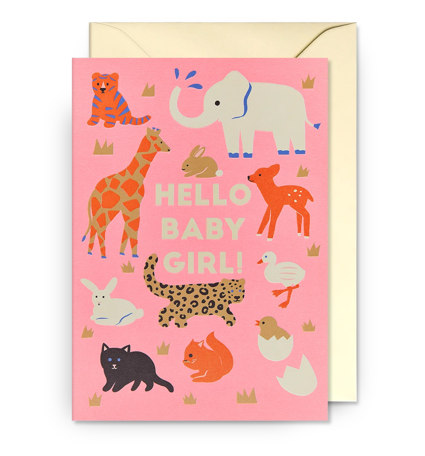 A pink greeting card with various animal illustrations and the text 'HELLO BABY GIRL!' at the center. There is a matching envelope behind it.