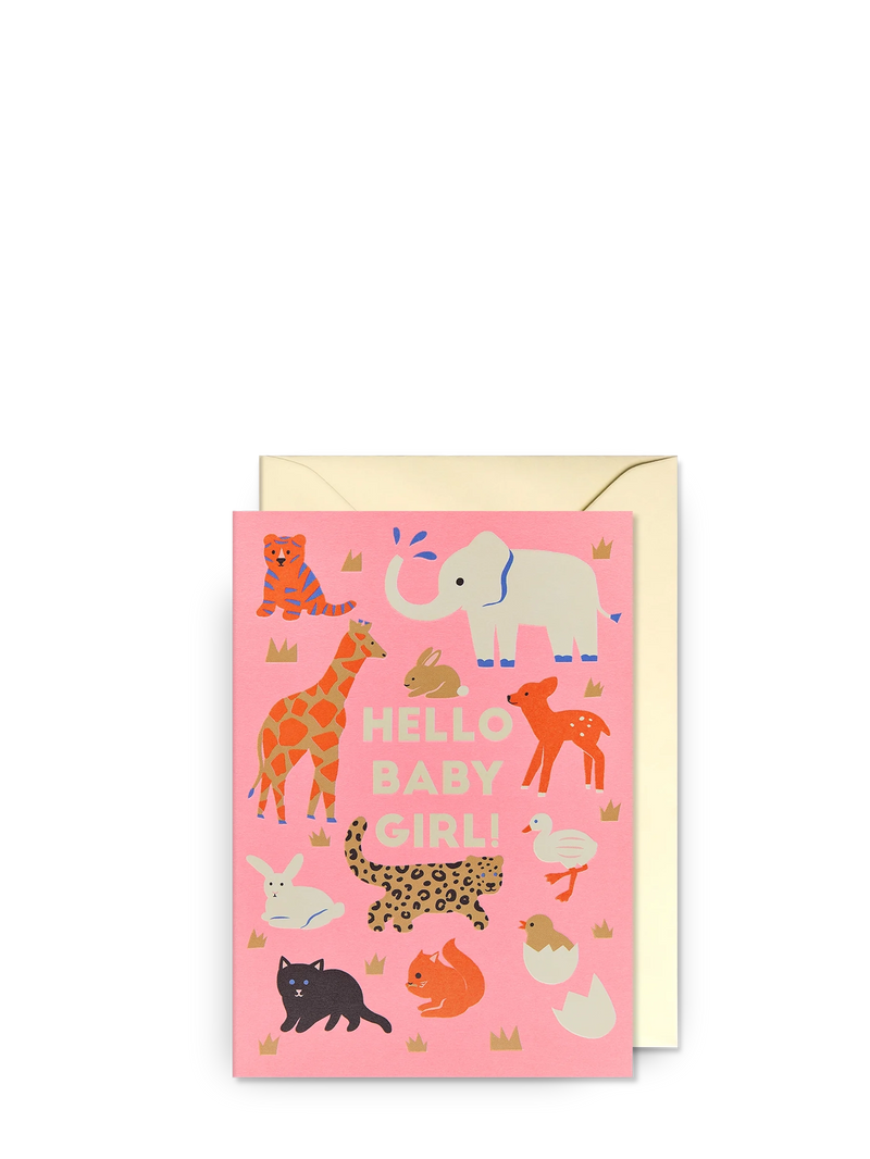 Greeting card with animal illustrations and 'Hello Baby Girl' text on a pink background