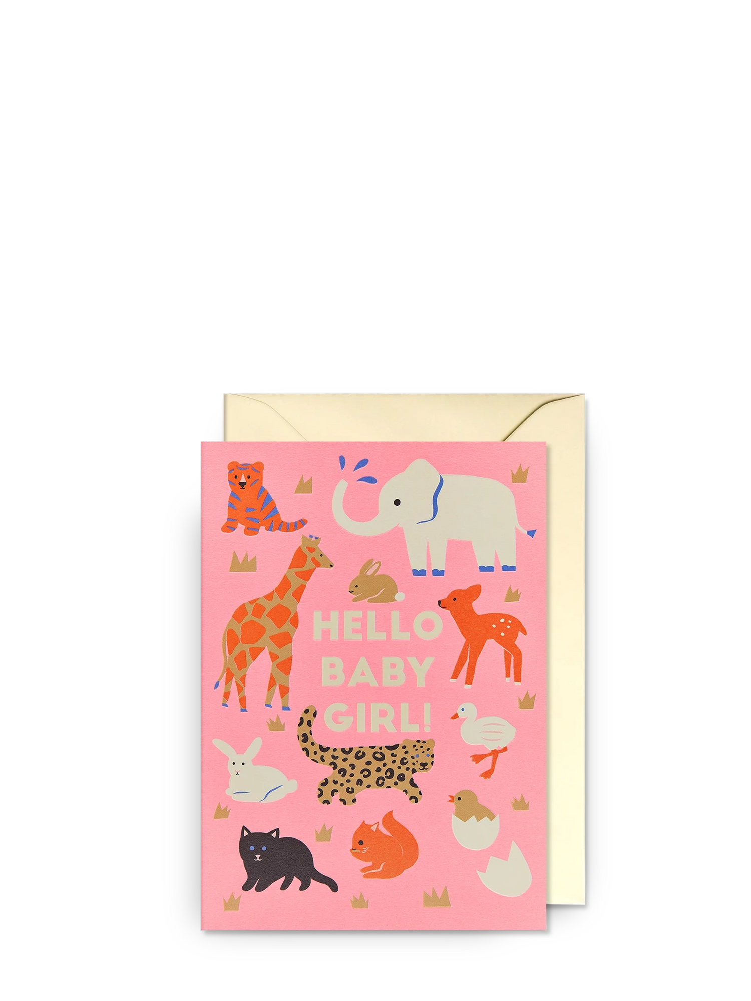 Greeting card with animal illustrations and 'Hello Baby Girl' text on a pink background