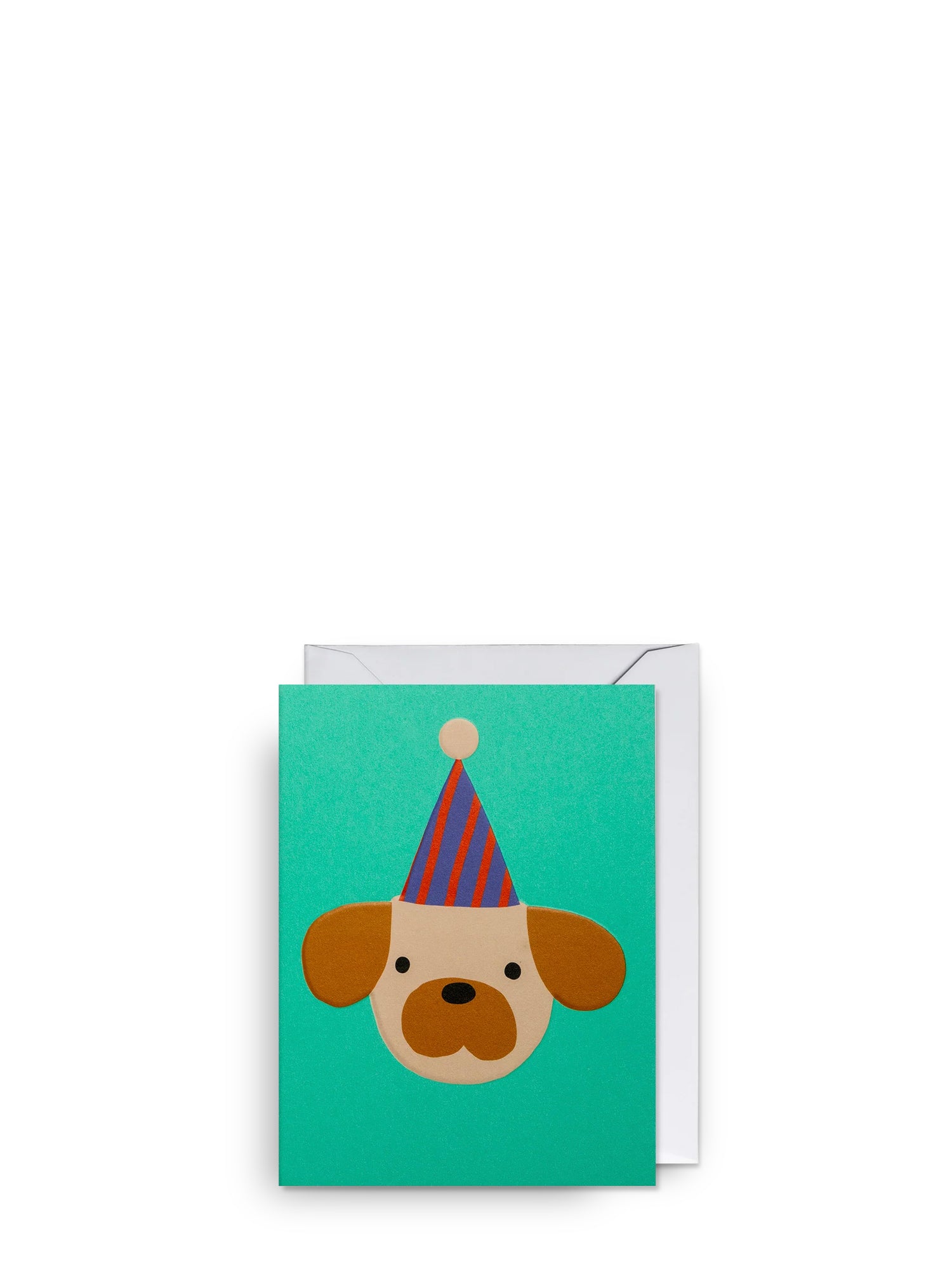 Greeting card with a dog wearing a party hat on a green background