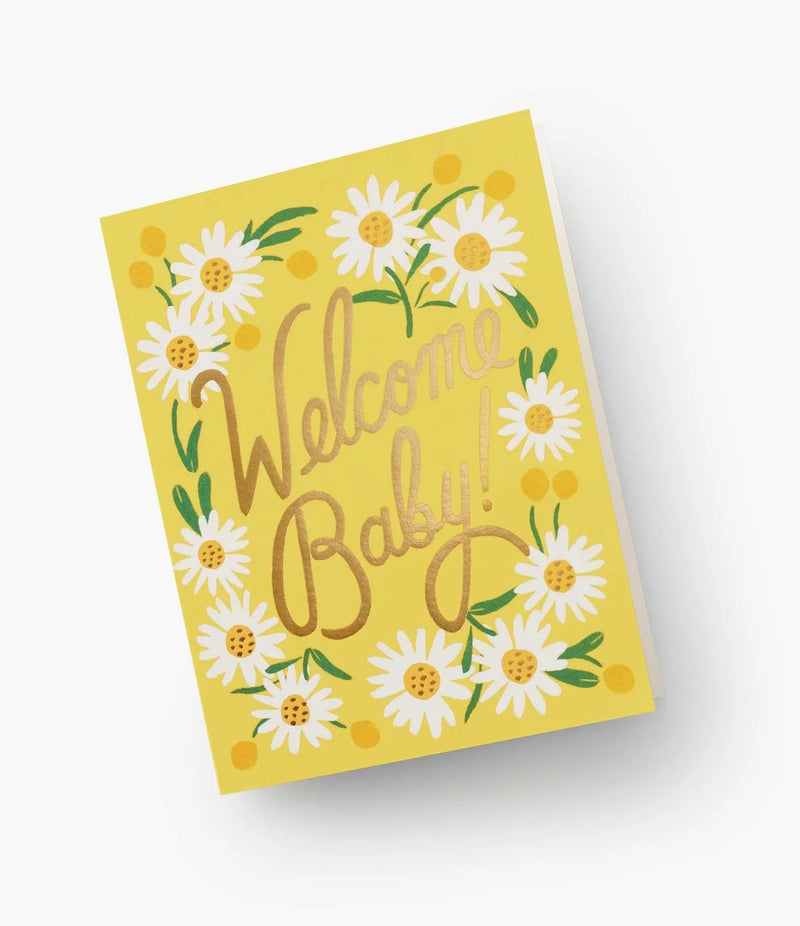 Yellow card with floral design and 'Welcome Baby!' text on a white background