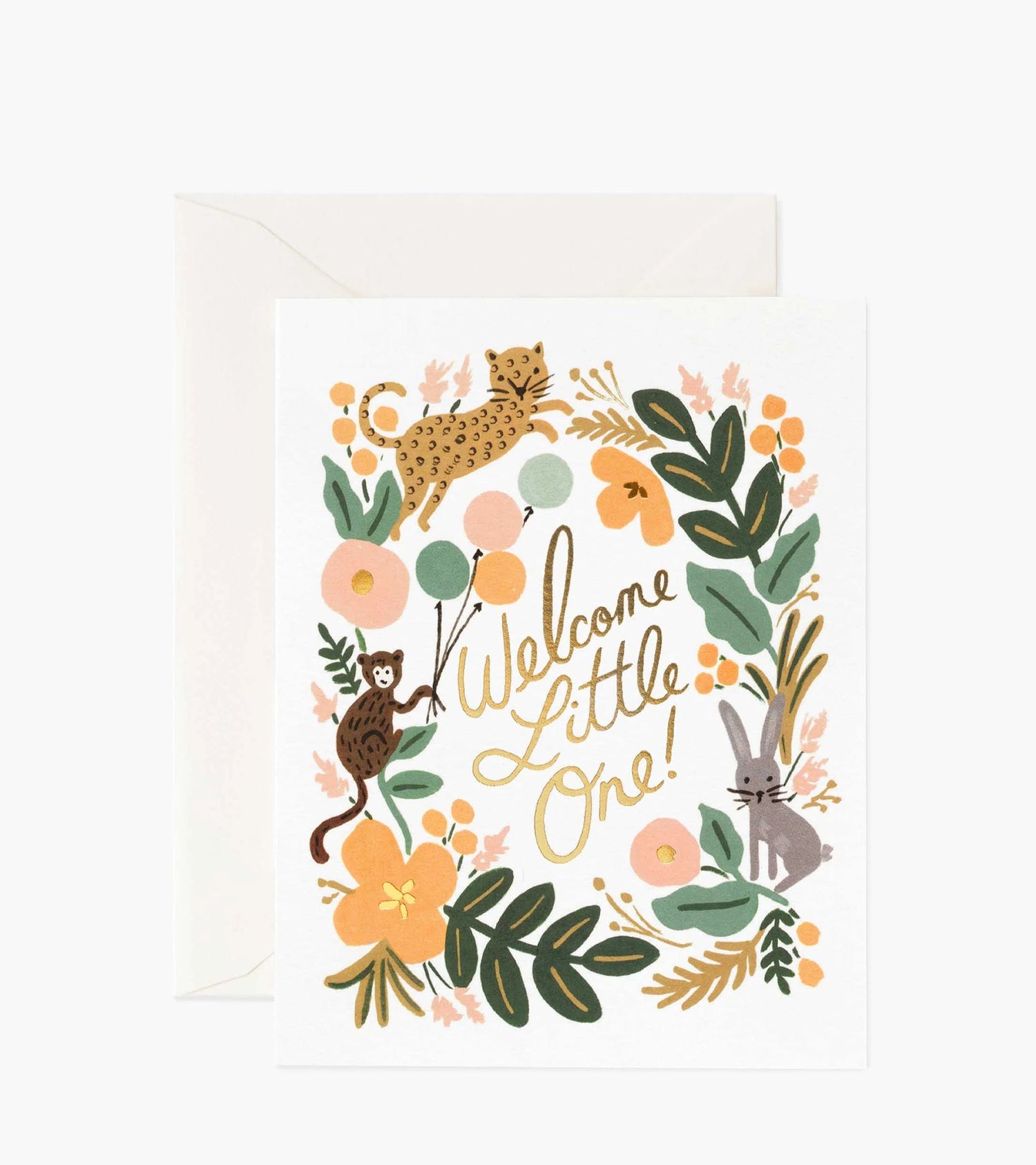 New baby card with animals and flowers and 'Welcome Little One!' text on a white background
