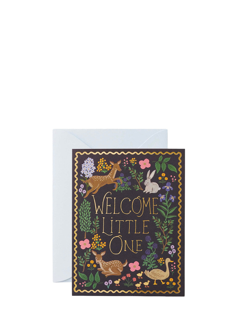 Greeting card with 'Welcome Little One' text and animal illustrations on a white background