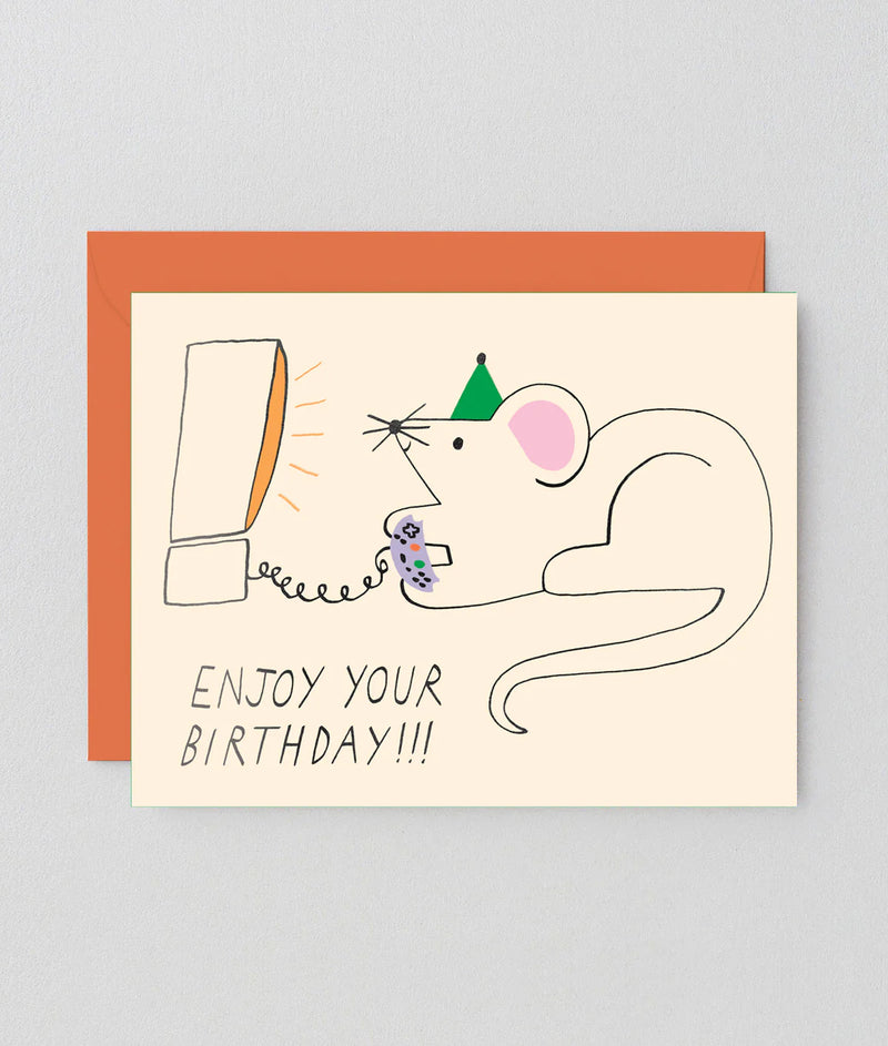 Birthday card with a gaming mouse illustration on a light gray background