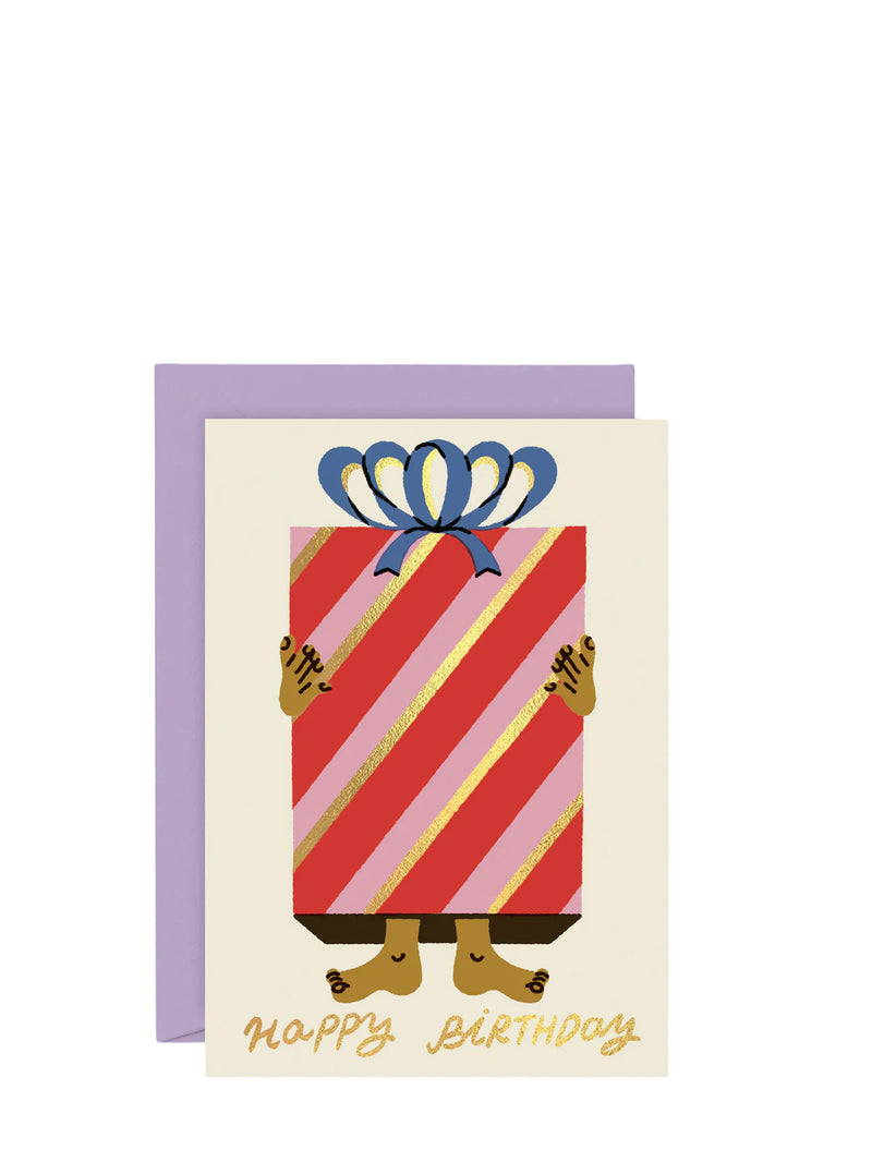 Birthday card with a striped gift box and blue bow on a white background