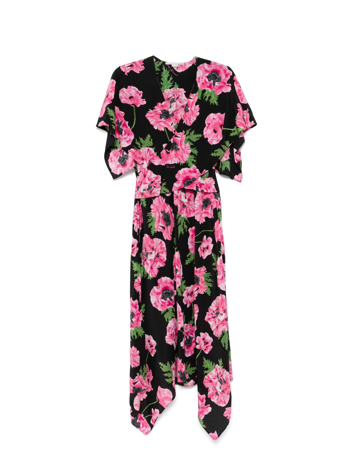 Poppy print midi silk dress, pink/black