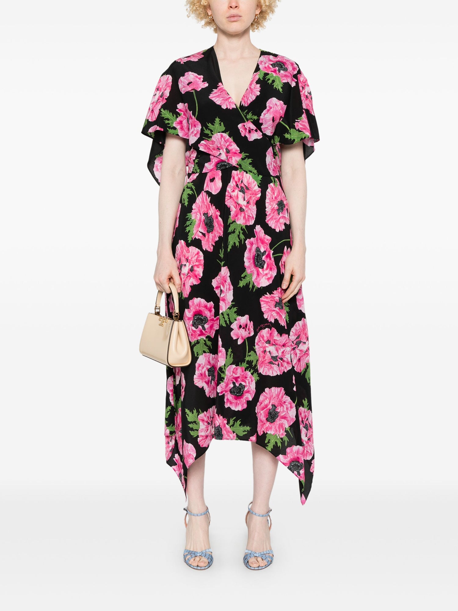 Poppy print midi silk dress, pink/black