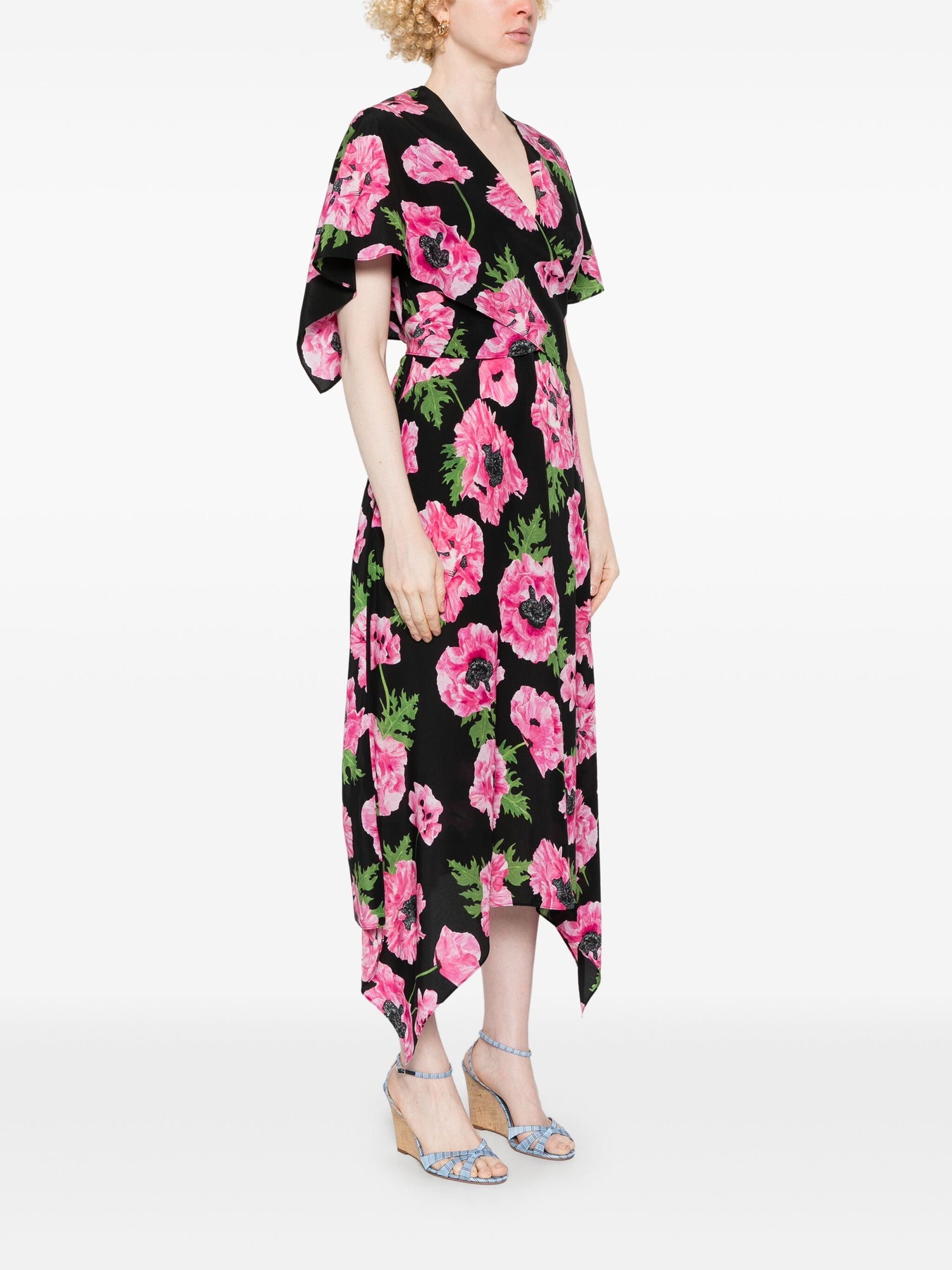 Poppy print midi silk dress, pink/black