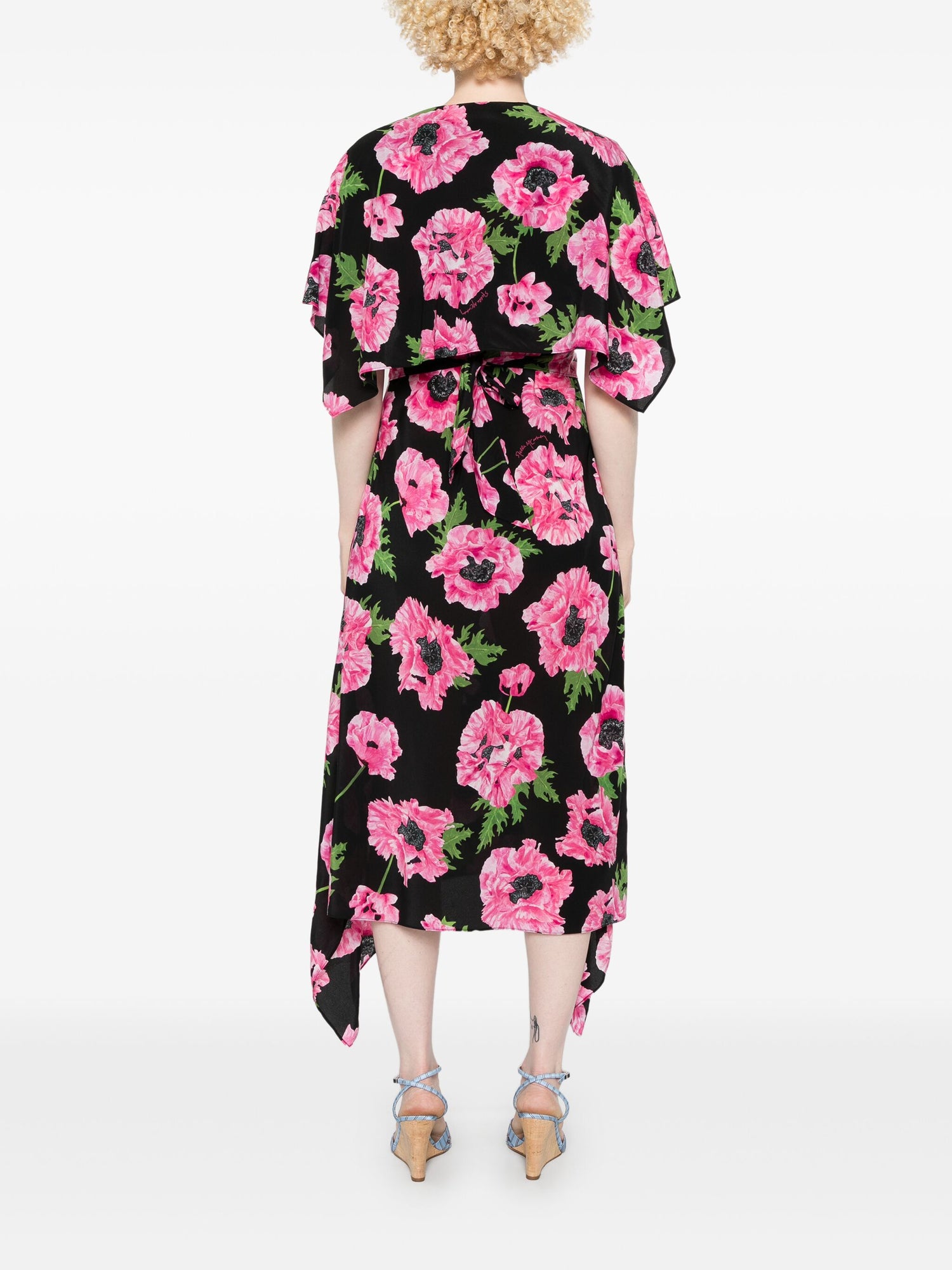 Poppy print midi silk dress, pink/black