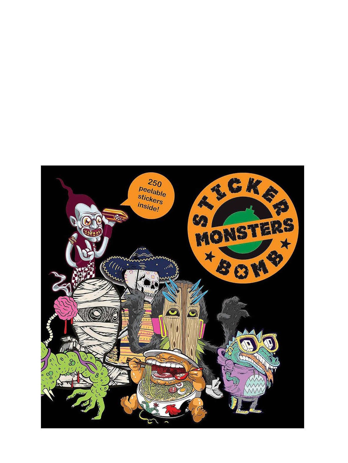 Sticker book cover with cartoon monsters and 'Sticker Monsters Bomb' branding.