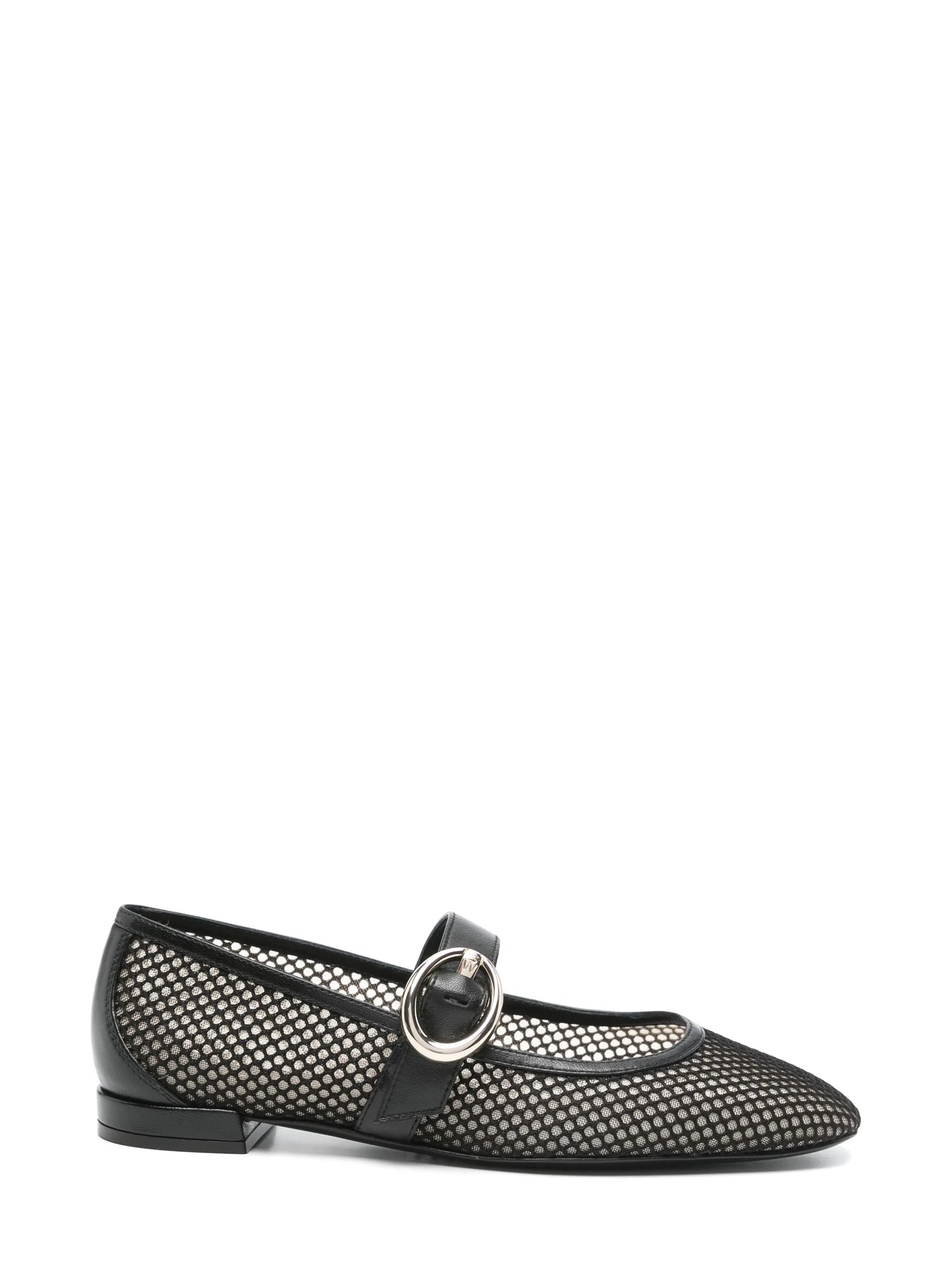 A black mesh Mary Jane flat with a pointed toe and a large silver-tone buckle.