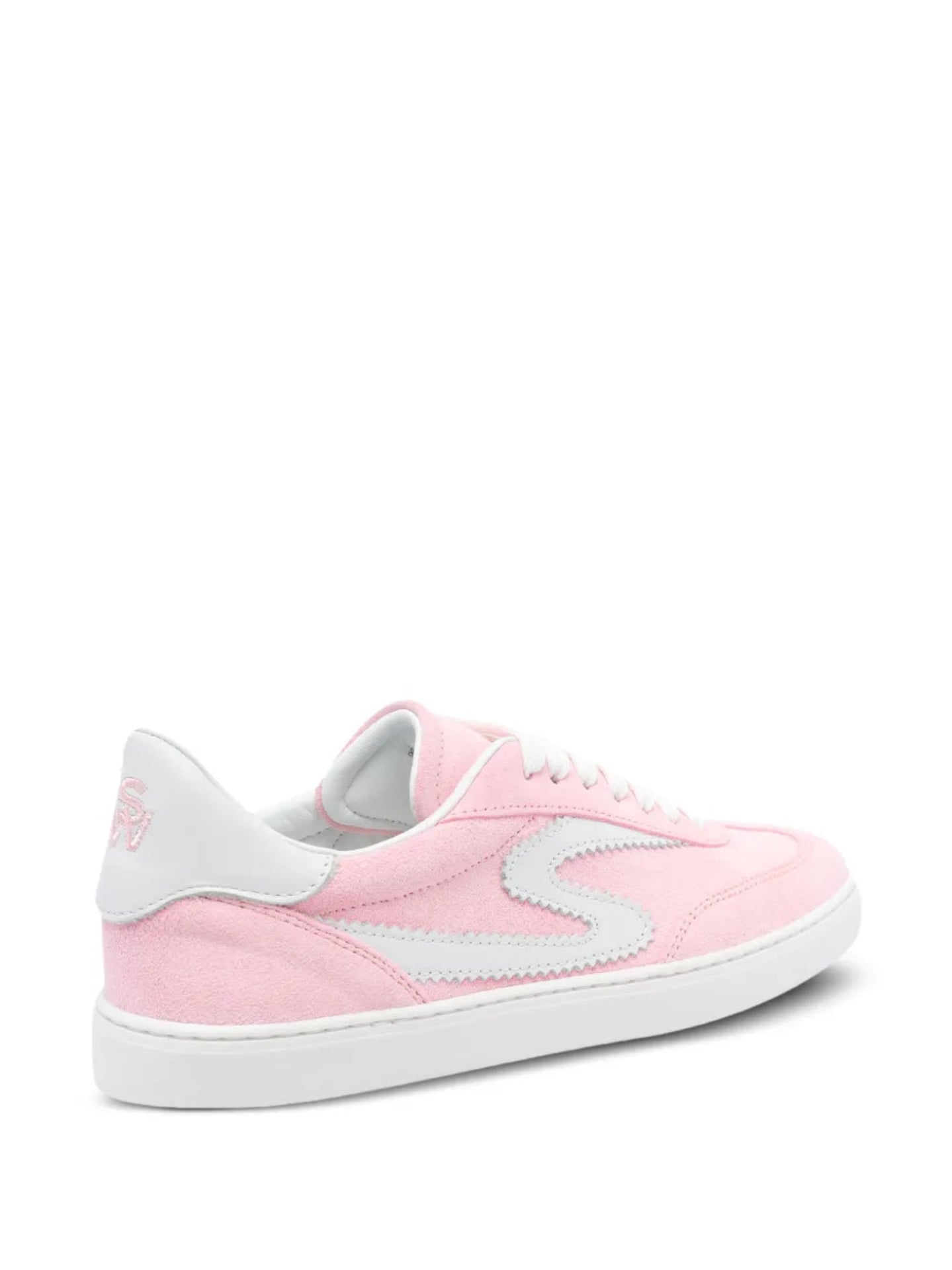 Pink sneaker with white accents on a white background